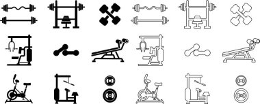 Fitness ve egzersiz ikonları ayarlandı. Kilo kaybı spor salonu vektör düz ve şeffaf arka planda izole çizgi koleksiyonu. Kas yapısı, dambıl, koşan bisiklet sağlıklı yaşam tarzı ağı ve uygulama için.