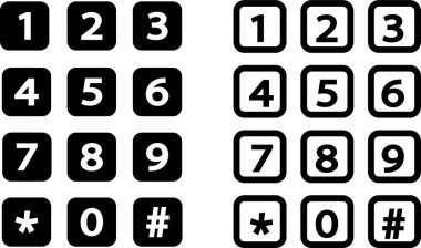 Numara tamponu simgeleri ayarlandı. Akıllı telefon tuşlu tuş takımı tasarımı. Numaralı ve harfli cep telefonu numaraları paneli. Şeffaf arkaplanda izole edilmiş kullanıcı arayüzü tasarım vektörünü çevir.