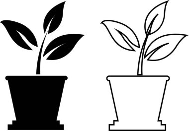 Çiçek saksısı düz ve çizgi simgesi hazır. Ev yaprağı bahçecilik sembolü siyah vektör koleksiyonu şeffaf arkaplanda izole edilmiş. Bitki bahçesi çiçek yetiştirme doğa işareti. Web ve uygulama için Pictogram.