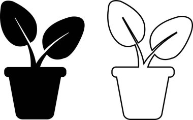 Çiçek saksısı düz ve çizgi simgesi hazır. Ev yaprağı bahçecilik sembolü siyah vektör koleksiyonu şeffaf arkaplanda izole edilmiş. Bitki bahçesi çiçek yetiştirme doğa işareti. Web ve uygulama için Pictogram.