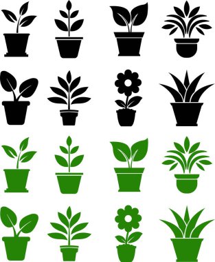 Çiçek saksısı düz simge seti. Ev yaprağı bahçecilik sembolü siyah ve yeşil vektör koleksiyonu şeffaf arkaplanda izole edilmiş. Bitki bahçesi çiçek yetiştirme doğası ağ için Pictogram işareti