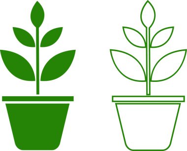 Çiçek saksısı düz ve çizgi simgesi hazır. Ev yaprağı bahçecilik sembolü yeşil vektör koleksiyonu şeffaf arkaplanda izole edilmiş. Bitki bahçesi çiçek yetiştirme doğası ağ için Pictogram işareti