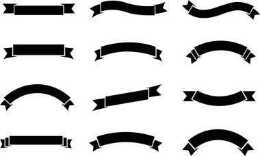 Kurdele afişi renkli ikon seti. Dekorasyon düz vektör koleksiyonu şeffaf arkaplanda izole edildi. Ödül, hediye, bayrak, çerçeve, poster, promosyon, sanat, modern ve daha fazlası için element sembolü