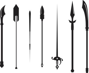 Mızrak ikonu Hint kılıç bıçağı, Viking silahı mızrağı Cliar tabanca zıpkını, çapraz kesilmiş dosyalar yerleştirdi. Antik Yunan silahı. Logo etiket kartı için tasarım elemanı. Düz vektör izole edildi