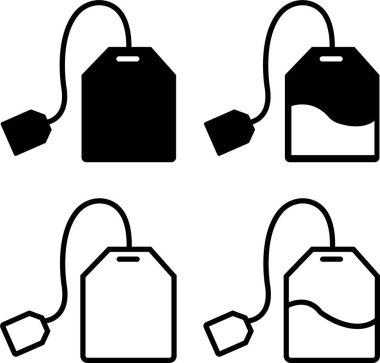Çay poşeti ikonu seti. Çay poşeti siyah çizgi ve şeffaf arkaplanda izole edilmiş düz vektör koleksiyonu. Uygulamalar ve web siteleri için çay poşeti işareti ve sembol. Çizgi film bitkisel sağlıklı içecek yaşam tarzı içeceği konsepti
