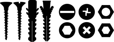 Fındık, vida, perçin ve cıvata tezgahı. Ekipmanlar paslanmaz, bağlayıcılar, metal fiksasyon dişli siyah düz vektör koleksiyonu şeffaf arkaplanda izole edilmiş. İnşa araçları yapı işareti