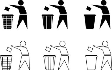 Düzenli insan simgesiyle geri dönüşüm kutuları metal cam kağıt ve plastik atık tasnif konsepti için çöp öğütücü. Siyah düz ve çizgi vektör koleksiyonu şeffaf arkaplanda izole edildi.