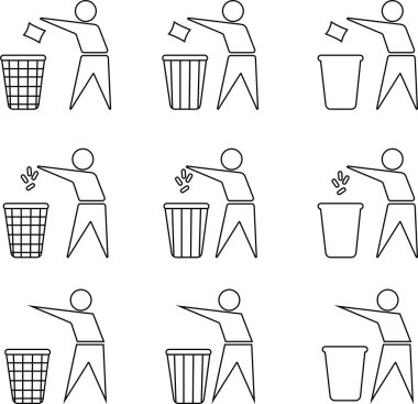 Düzenli insan simgesiyle geri dönüşüm kutuları metal cam kağıt ve plastik atık tasnif konsepti için çöp öğütücü. Siyah çizgi vektör koleksiyonu şeffaf arkaplanda izole edildi.