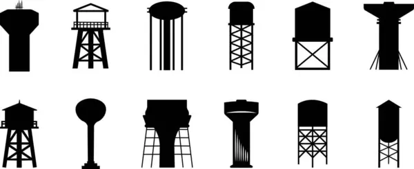 Su kulesi silueti simgeleri ayarlandı. Su tankı siyah düz vektör tasarımı şeffaf arkaplanda izole edildi. Çeşitli su depolama tankları koleksiyonu. Endüstriyel yüksek metal yapısı.