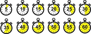 Zamanlayıcı, saat, dakikanın kronometresi, ikinci ve saat simgesi hazır. Geri sayım alarmı sembolü vektör koleksiyonu şeffaf arkaplanda izole edildi. Yemek pişirme hızı etiketi. Saat işaretini izle.