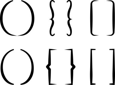 Parantez simgesi seti, düz stil, noktalama işaretleri, tipografi sembolleri, matematik ve kodlama ögesi demetinde yuvarlak, kıvırcık ve kare braket grubunun siyah vektör koleksiyonu