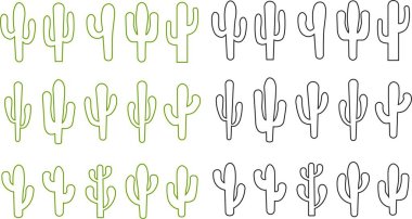 Kaktüs ikonu seti. Kaktüs siluet vektör koleksiyonu şeffaf arkaplanda izole edildi. Ev bitkisi düz ve hat elementi. Meksika çöl bitkisi resmi. Vahşi kaktüs doğrusal bahçe sembolü.