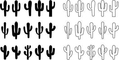 Kaktüs ikonu seti. Kaktüs siluet vektör koleksiyonu şeffaf arkaplanda izole edildi. Ev bitkisi düz ve hat elementi. Meksika çöl bitkisi resmi. Vahşi kaktüs doğrusal bahçe sembolü.