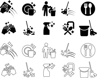 Temizlik ikonu seti, temizlik, bulaşık yıkama, temizlik ve temizlik aletlerini düz ve çizgi şeklinde temizleme, temizlik ekipmanları koleksiyonu, dezenfekte, paspas, silme sembolleri