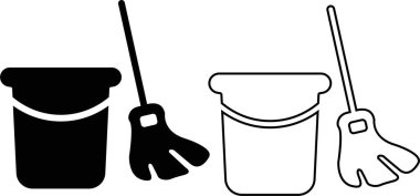 Temizlik ikonu seti, siyah vektör grup hijyen, temizlik ve temizlik araçları düz ve çizgi tarzı, temizlik ekipmanları koleksiyonu, dezenfekte, paspas, silme sembolleri