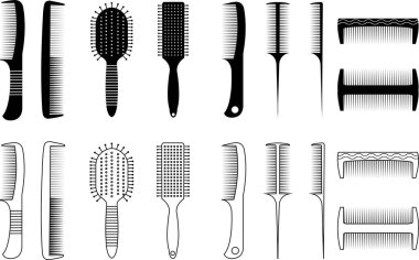Saç tarağı ya da berber tarak ikonu seti. Saç fırçaları ve taraklar vektör koleksiyonu şeffaf arkaplanda izole edildi. Saç taramak ve şekillendirmek için. Kuaför aleti. Saç tarağı ve saç fırçası.