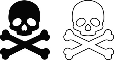 Kafatası çapraz kemik korsan ikonu. Cadılar Bayramı logosu. Hayalet çizimi anatomi tehlike sembolü Siluet. Uygulamalar ve oyun için saydam arkaplan üzerinde karikatür kafatası ölüm düz ve satır vektör koleksiyonu izole