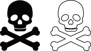 Kafatası çapraz kemik korsan ikonu. Cadılar Bayramı logosu. Hayalet çizimi anatomi tehlike sembolü Siluet. Uygulamalar ve oyun için saydam arkaplan üzerinde karikatür kafatası ölüm düz ve satır vektör koleksiyonu izole