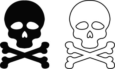 Kafatası çapraz kemik korsan ikonu. Cadılar Bayramı logosu. Hayalet çizimi anatomi tehlike sembolü Siluet. Uygulamalar ve oyun için saydam arkaplan üzerinde karikatür kafatası ölüm düz ve satır vektör koleksiyonu izole
