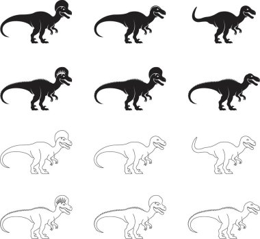 Dinazor simgesi seti, tarih öncesi sürüngen grubunun siyah vektör koleksiyonu düz ve çizgi stili T-Rex raptor karikatürü dino antik hayvan silueti ve şeffaf arkaplanda izole edilmiş fosil taslağı.