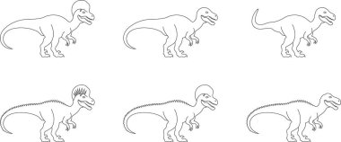 Dinazor simgesi seti, tarih öncesi sürüngen grubunun siyah vektör koleksiyonu T-Rex raptor karikatür dinozor eski hayvan silueti ve şeffaf arkaplanda izole edilmiş fosil taslağı