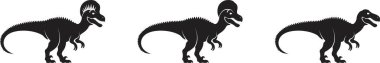 Dinozor simgesi seti, tarih öncesi sürüngen grubunun siyah vektör koleksiyonu düz stil T-Rex raptor karikatürü dino antik hayvan silueti ve şeffaf arkaplanda izole edilmiş fosil taslağı
