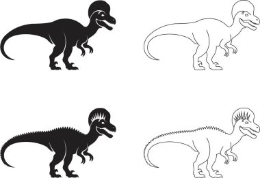 Dinazor simgesi seti, tarih öncesi sürüngen grubunun siyah vektör koleksiyonu düz ve çizgi stili T-Rex raptor karikatürü dino antik hayvan silueti ve şeffaf arkaplanda izole edilmiş fosil taslağı.