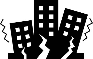 Deprem binası yıkım ikonu, hasar görmüş gökdelenlerin siyah katı ve ana hat vektörü, çatlak zemin, sarsıntı etkisi, deprem felaketi, yıkım, acil durum alarmı ve güvenlik farkındalığı sembolü