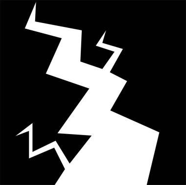 Deprem patlamış yol çökmesi simgesi siyah katı ve ana hatlı gökdelen taşıyıcısı zemini çatlatmış deprem etkisi, yıkım, acil durum alarmı ve güvenlik farkındalığı sembolü