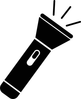 El feneri ikonu, düz stil elektrik fenerinin siyah vektörü, taşınabilir ışık, batarya lambası, acil durum ışık çizgisi, parlayan araç simgesi