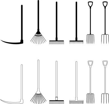 Bahçe aletleri simgesi el tırmık küreği, çapa, kürek ve Trowel vektör koleksiyonu yaratıcı projeler için şeffaf arka planda izole edildi. Bahçe aletleri peyzaj inşaat inşaat ekipmanları