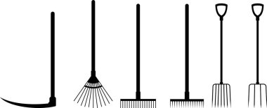 Bahçe aletleri simgesi el tırmık küreği, çapa, kürek ve Trowel vektör koleksiyonu yaratıcı projeler için şeffaf arka planda izole edildi. Bahçe aletleri peyzaj inşaat inşaat ekipmanları