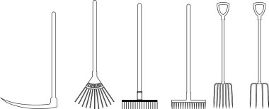 Bahçe aletleri simgesi el tırmık küreği, çapa, kürek ve Trowel vektör koleksiyonu yaratıcı projeler için şeffaf arka planda izole edildi. Bahçe aletleri peyzaj inşaat inşaat ekipmanları