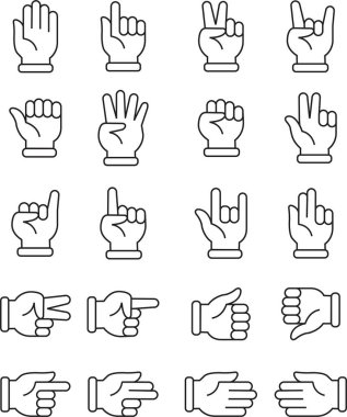 El hareketleri çizgi simgesi seti. El sıkışma, el çırpma, zafer vektör koleksiyonu izole. Boynuzlar, başparmak yukarı, sürükle ve bırak ikonları. Bağış el hareketleri, orta parmak, yardım eli..