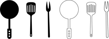 Kızartma tavası mutfak spatula aracı simgesi vektör koleksiyonunu şeffaf arkaplanda izole etti. Siluet sembolü. İnternet ve uygulama için mutfak gereçleri.