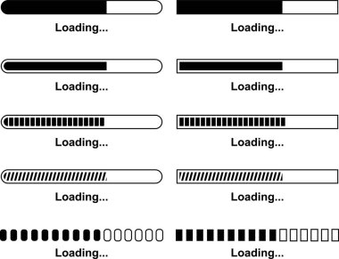 Bar takımı yükleniyor. Beyaz ve siyah ekranlarda geriye dönük ilerleme çubukları. Web siteleri, uygulama, logo yükü tasarımı için vektör yükleme ve tampon sembollerinin şeffaflığı üzerine izole edilmiş arama vektörü koleksiyonu.