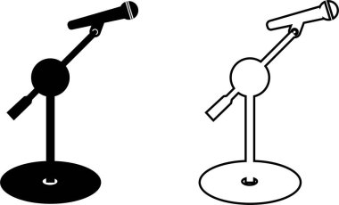 Tezgah ve mikrofonlar üzerinde mikrofonlar ve tasarım ikonu seti için ayrı olarak duruyor. Vektör siluet klip sanatı. Retro ve modern müzik işareti, mikrofon aleti. Küçük koleksiyondaki mikrofon standını kapat.