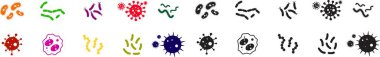 Virüs ve bakteri ikonu ayarlandı. Sağlık eğitimi için izole edilmiş vektör koleksiyonu posteri. Patojenik bakteri virüsleri ve mikroplar. Renkli bakteri tipi mikroorganizma enfeksiyonu.