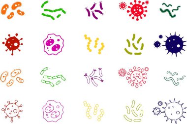 Virüs ve bakteri ikonu ayarlandı. Sağlık eğitimi için izole edilmiş vektör koleksiyonu posteri. Patojenik bakteri virüsleri ve mikroplar. Renkli bakteri tipi mikroorganizma enfeksiyonu.