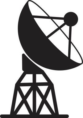 Uydu anten simgesi, iletişim anten grubunun düz stil siyah vektörü, radar sinyal alıcı sembolleri, şeffaf arkaplan üzerinde izole kablosuz yayın ağı ögesi.
