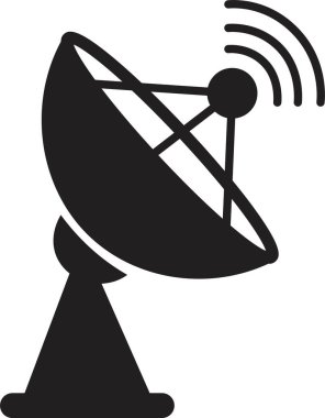 Uydu anten simgesi, iletişim anten grubunun düz stil siyah vektörü, radar sinyal alıcı sembolleri, şeffaf arkaplan üzerinde izole kablosuz yayın ağı ögesi.
