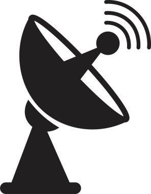 Uydu anten simgesi, iletişim anten grubunun düz stil siyah vektörü, radar sinyal alıcı sembolleri, şeffaf arkaplan üzerinde izole kablosuz yayın ağı ögesi.