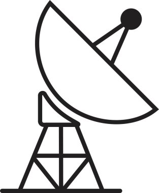 Uydu anten simgesi, iletişim anten grubunun satır biçimindeki siyah vektörü, radar sinyal alıcı sembolleri, şeffaf arkaplanda izole edilmiş kablosuz yayın ağı ögesi.