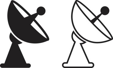 Uydu anten simgesi seti, düz ve çizgi biçiminde iletişim anten grubunun siyah vektör koleksiyonu, radar sinyal alıcı sembolleri, kablosuz yayın ağı ögeleri paketi