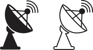 Uydu anten simgesi seti, düz ve çizgi biçiminde iletişim anten grubunun siyah vektör koleksiyonu, radar sinyal alıcı sembolleri, kablosuz yayın ağı ögeleri paketi