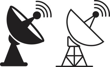 Uydu anten simgesi seti, düz ve çizgi biçiminde iletişim anten grubunun siyah vektör koleksiyonu, radar sinyal alıcı sembolleri, kablosuz yayın ağı ögeleri paketi