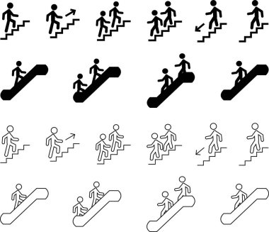 Merdiven ya da Piktogram vektörü olan bir adam. Tırmanışlar merdivenleri olan bir kişinin çeşitli hareketlerini tasvir eder. Adam merdivenlerden inip çıkıyor, piktogramlar, insan silueti ikonu seti..