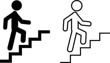 Merdiven ya da Piktogram vektörü olan bir adam. Tırmanışlar merdivenleri olan bir kişinin çeşitli hareketlerini tasvir eder. Adam merdivenlerden çıkıyor, resim çiziyor, siluet ikonu seti yapıyor..