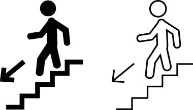 Merdiven ya da Piktogram vektörü olan bir adam. Tırmanışlar merdivenleri olan bir kişinin çeşitli hareketlerini tasvir eder. Adam merdivenlerden iniyor, piktogramlar, insan silueti simgesi seti..