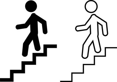 Merdiven ya da Piktogram vektörü olan bir adam. Tırmanışlar merdivenleri olan bir kişinin çeşitli hareketlerini tasvir eder. Adam merdivenlerden iniyor, piktogramlar, insan silueti simgesi seti..